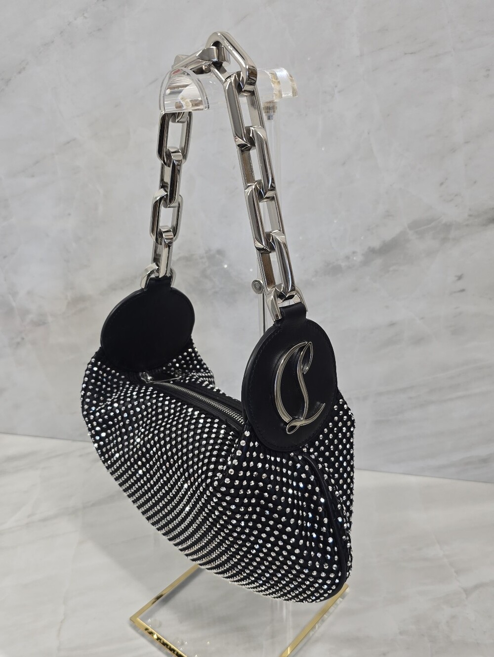 Christian Louboutin Black Crystal-Embellished Shoulder Bag with Silver Chain